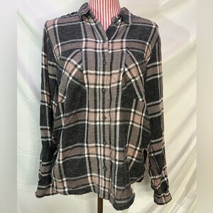 Lucky Brand Womens Heathered Gray Pink Yarn Dyed Soft Plaid Shirt Size Medium